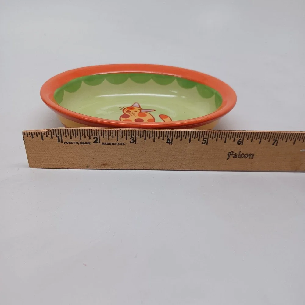 Castlemere Ceramic Pet Bowl Orange Green Polka Dot Cat Oval Dish Dishwasher Safe